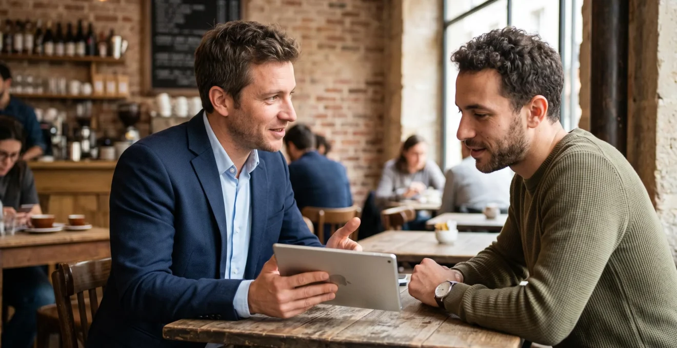 Bank advisor and startup founder in consultation at a Parisian café