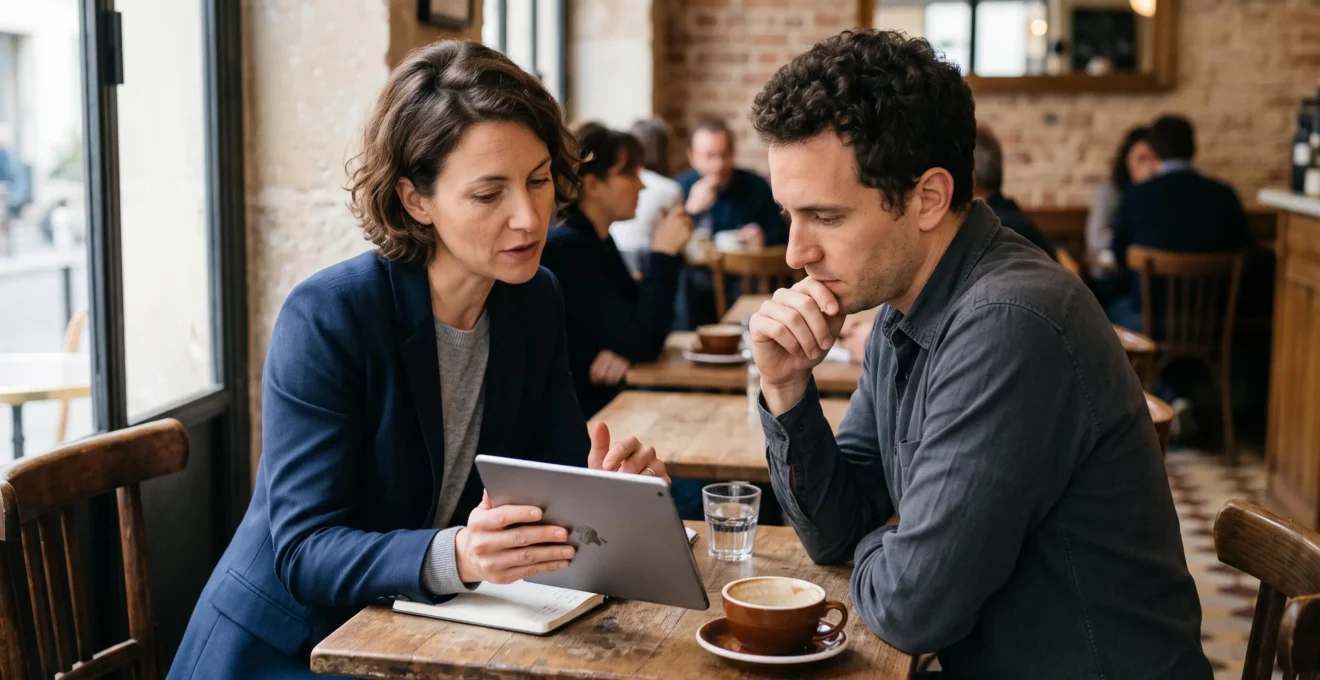 Bank advisor and startup founder in consultation at a Parisian café