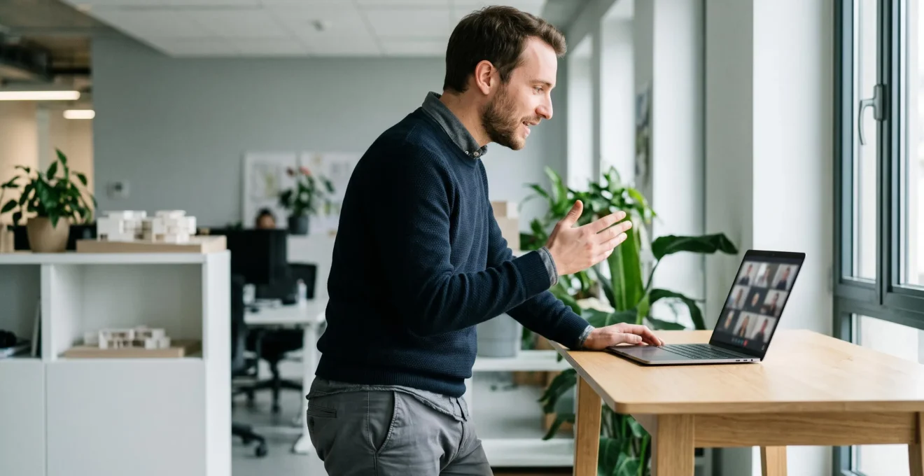 Startup founder on video conference call with international partners