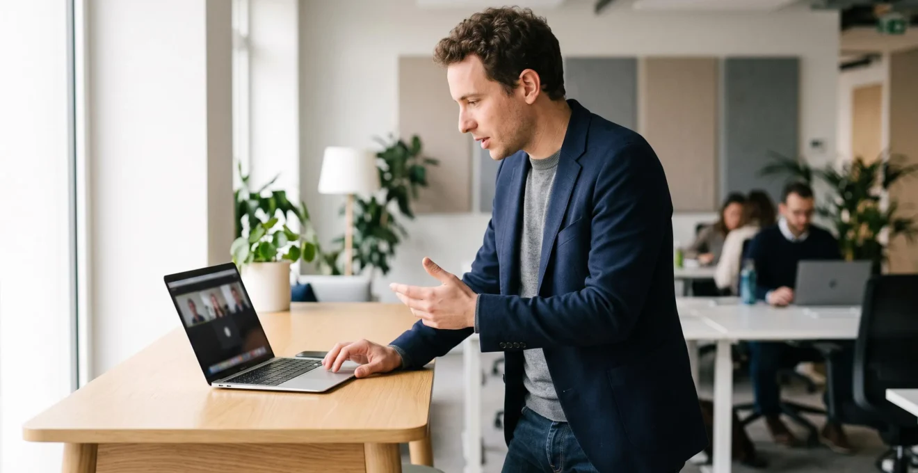 Startup founder on video conference call with international partners