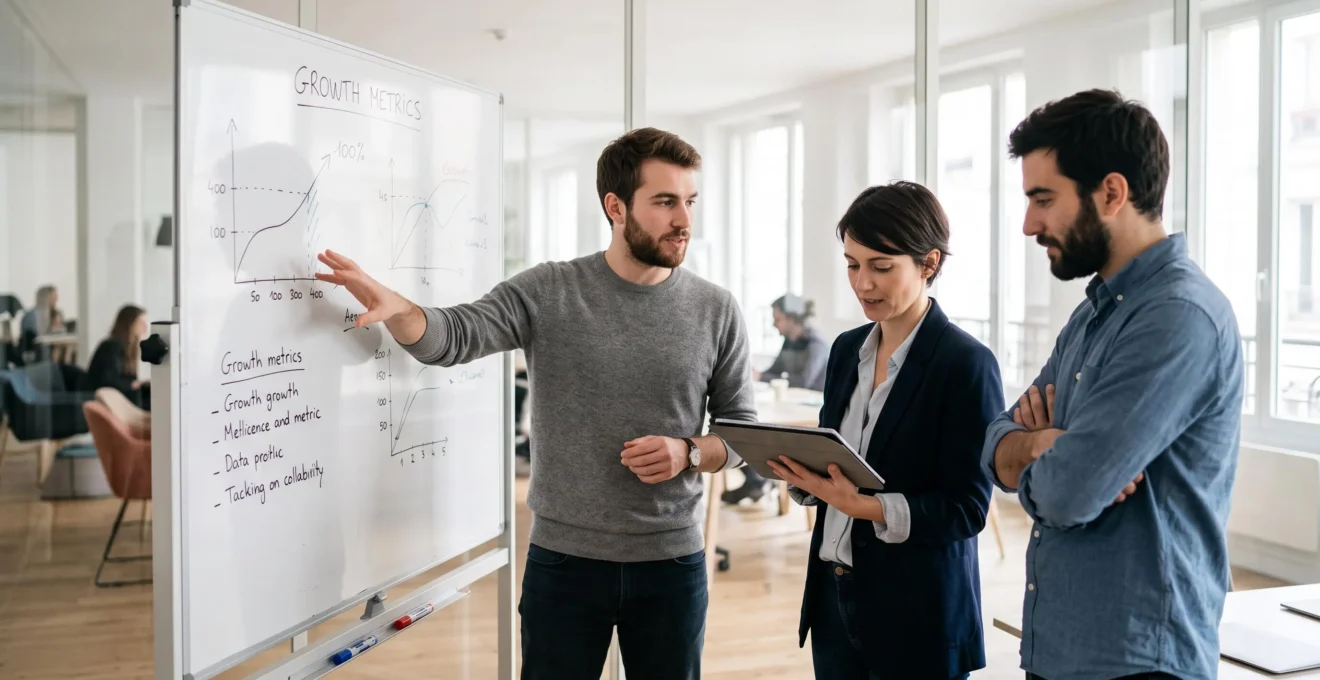 Startup founders discussing strategic decisions around a whiteboard in a modern French coworking space