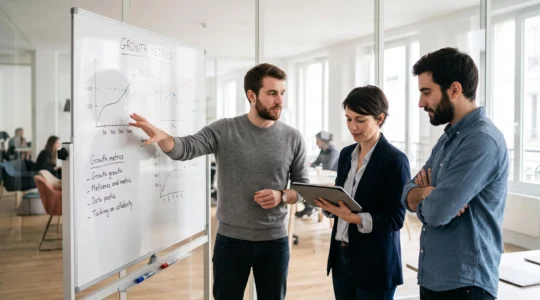 Startup founders discussing strategic decisions around a whiteboard in a modern French coworking space