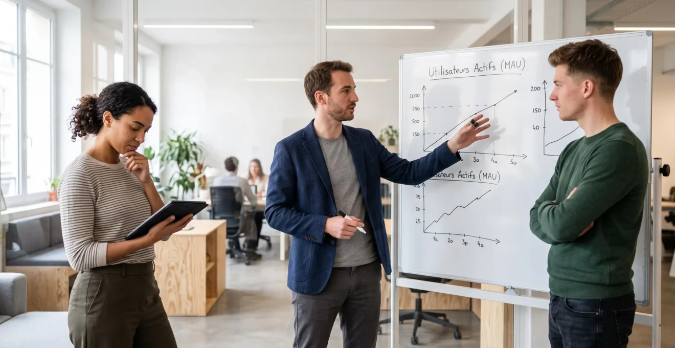 Startup founders discussing strategic decisions around a whiteboard in a modern French coworking space