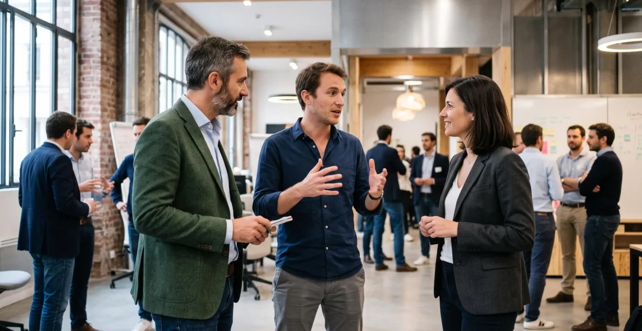 Startup founders and investors networking at a French incubator event